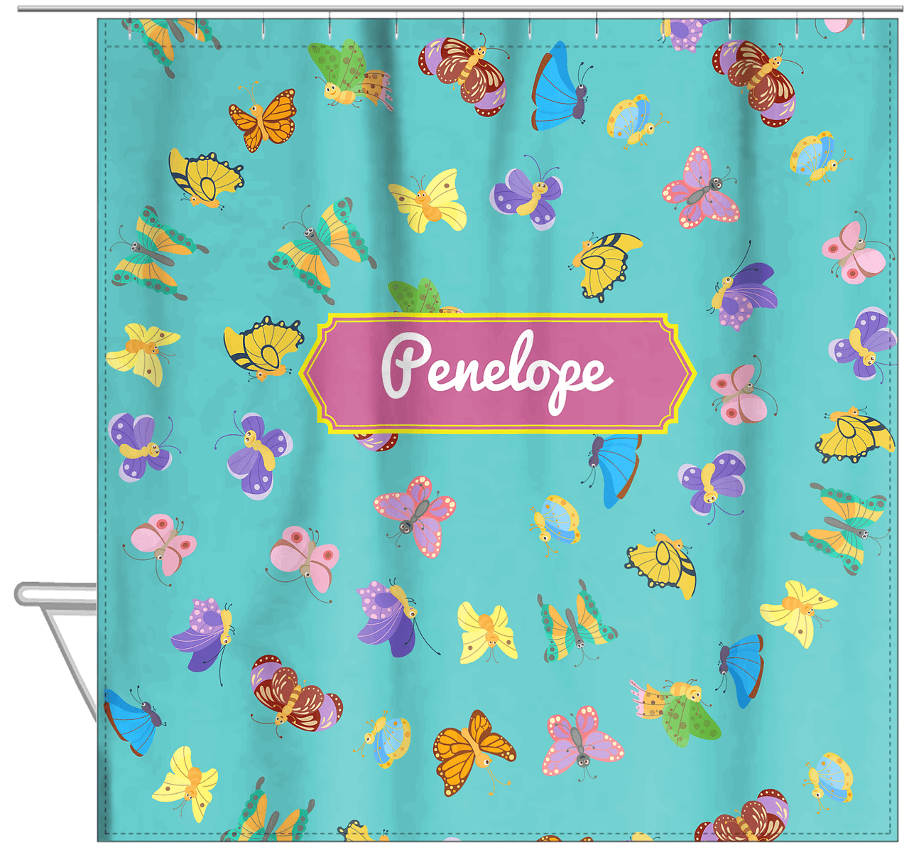 Personalized Butterfly Shower Curtain III - Teal Background - Decorative Rectangle Nameplate - Hanging View