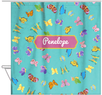 Thumbnail for Personalized Butterfly Shower Curtain III - Teal Background - Decorative Rectangle Nameplate - Hanging View
