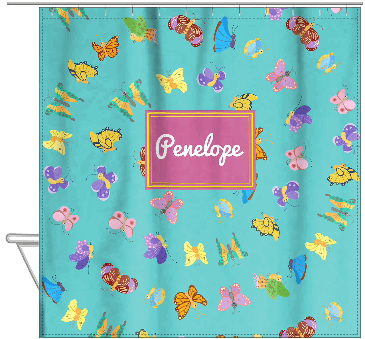 Personalized Butterfly Shower Curtain III - Teal Background - Rectangle Nameplate - Hanging View