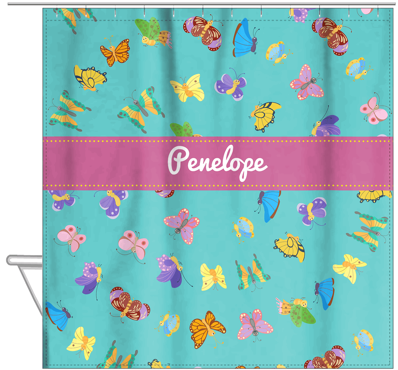 Personalized Butterfly Shower Curtain III - Teal Background - Ribbon Nameplate - Hanging View
