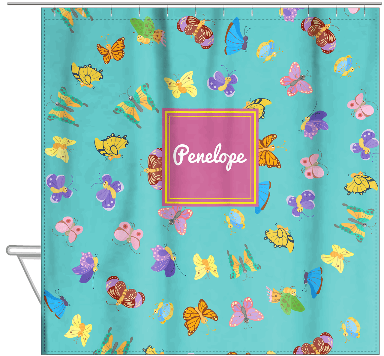 Personalized Butterfly Shower Curtain III - Teal Background - Square Nameplate - Hanging View