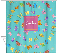 Thumbnail for Personalized Butterfly Shower Curtain III - Teal Background - Square Nameplate - Hanging View