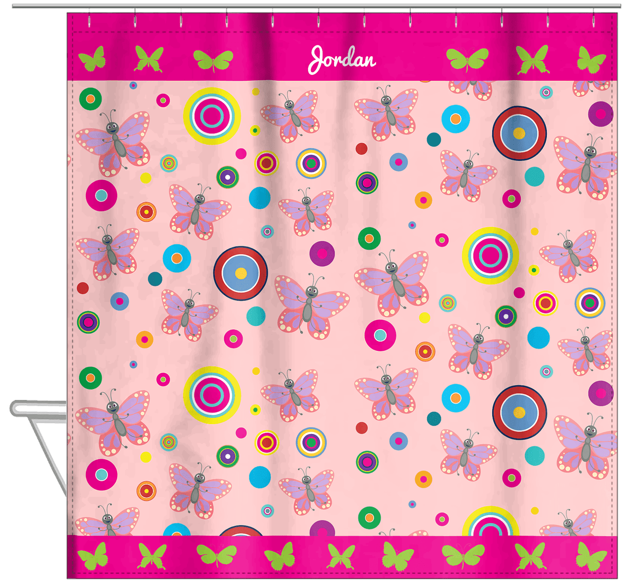 Personalized Butterfly Shower Curtain IV - Pink Background - Pink Butterflies I - Hanging View