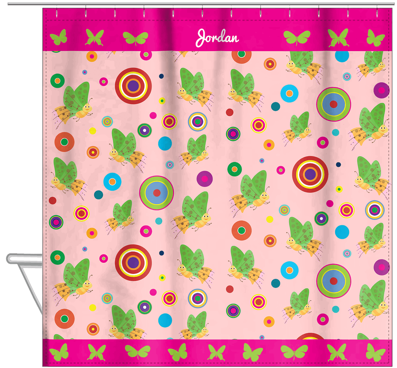Personalized Butterfly Shower Curtain IV - Pink Background - Green Butterflies I - Hanging View