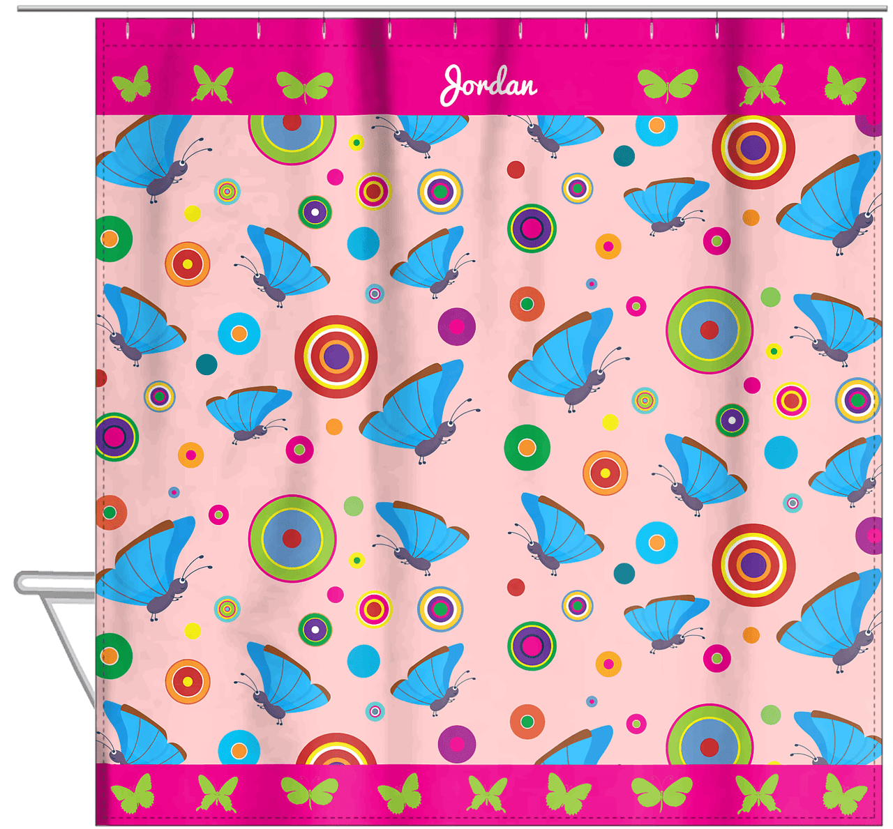 Personalized Butterfly Shower Curtain IV - Pink Background - Blue Butterflies I - Hanging View