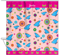 Thumbnail for Personalized Butterfly Shower Curtain IV - Pink Background - Blue Butterflies I - Hanging View