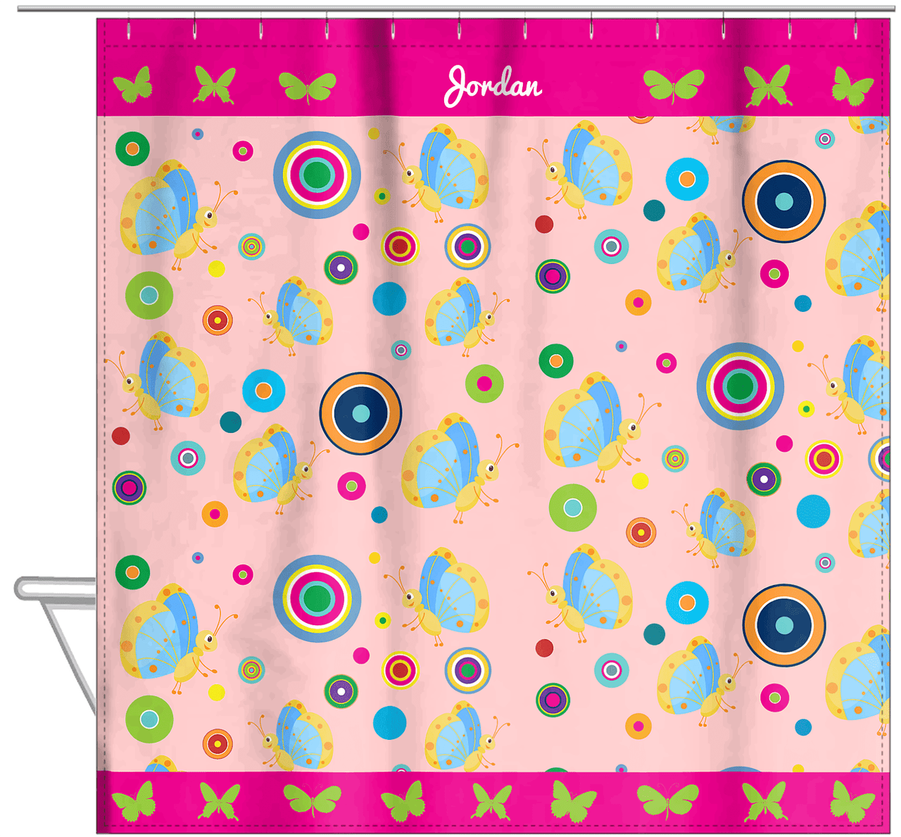Personalized Butterfly Shower Curtain IV - Pink Background - Blue Butterflies II - Hanging View