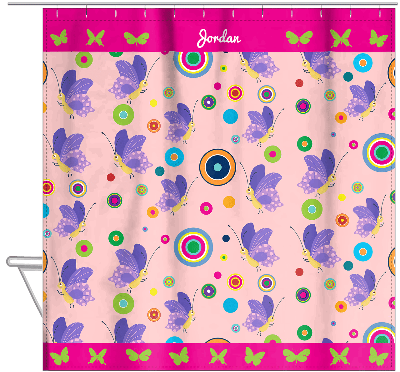 Personalized Butterfly Shower Curtain IV - Pink Background - Purple Butterflies I - Hanging View