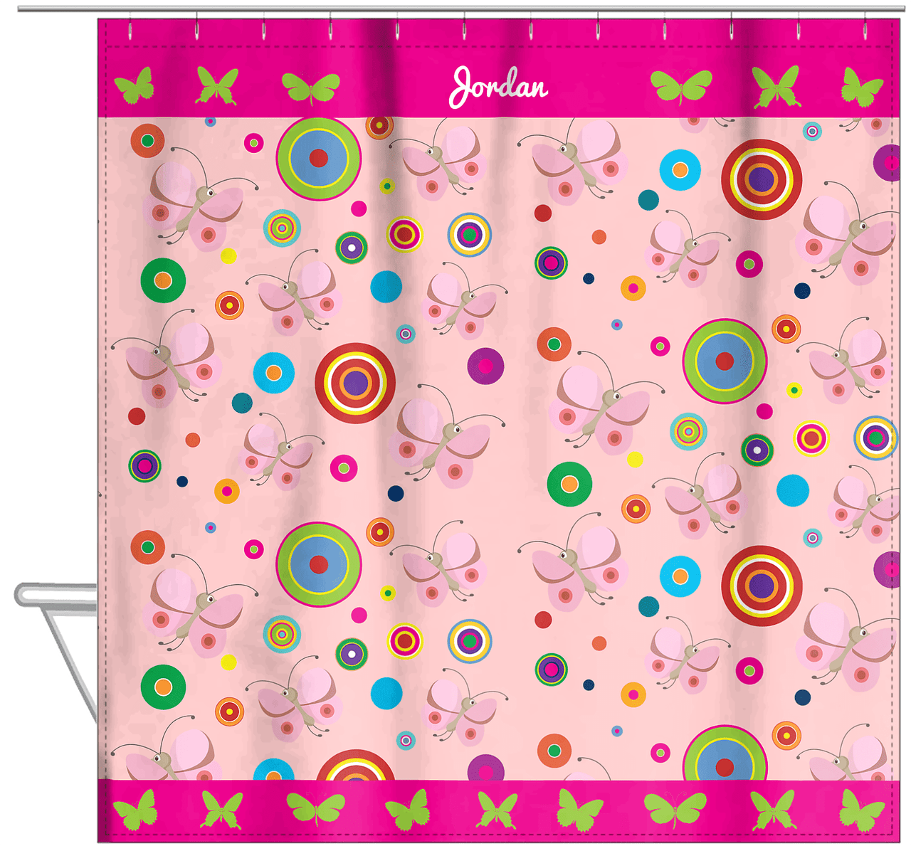 Personalized Butterfly Shower Curtain IV - Pink Background - Pink Butterflies II - Hanging View