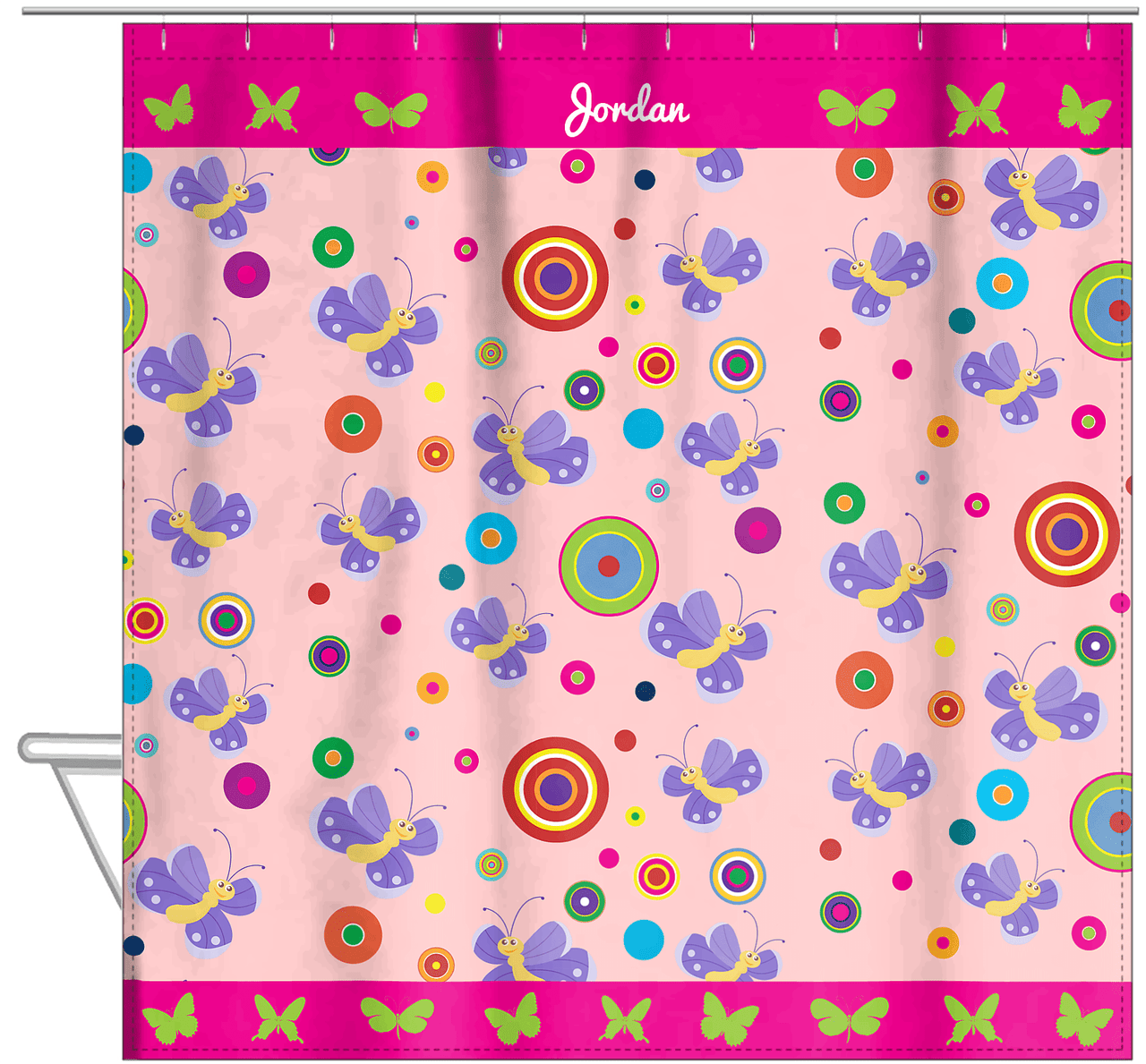 Personalized Butterfly Shower Curtain IV - Pink Background - Purple Butterflies II - Hanging View