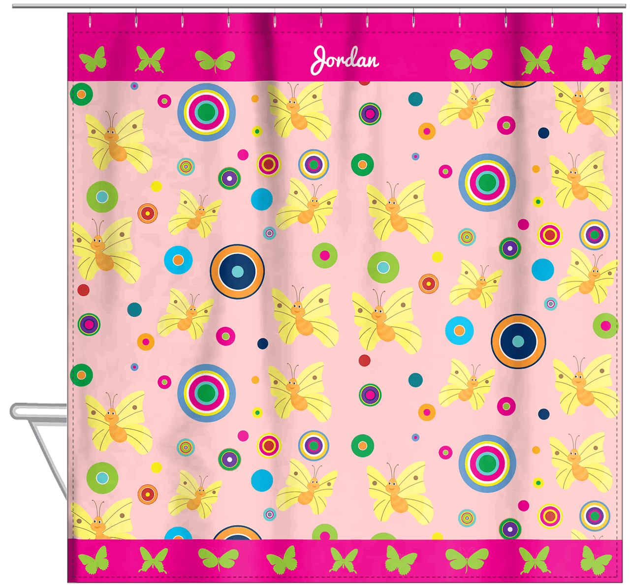Personalized Butterfly Shower Curtain IV - Pink Background - Yellow Butterflies I - Hanging View