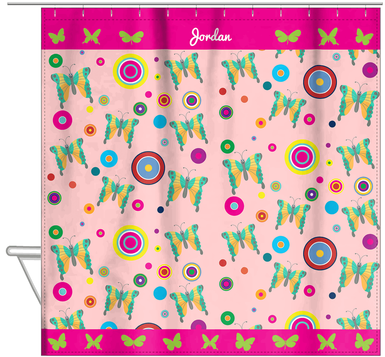 Personalized Butterfly Shower Curtain IV - Pink Background - Green Butterflies II - Hanging View