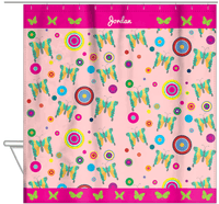 Thumbnail for Personalized Butterfly Shower Curtain IV - Pink Background - Green Butterflies II - Hanging View