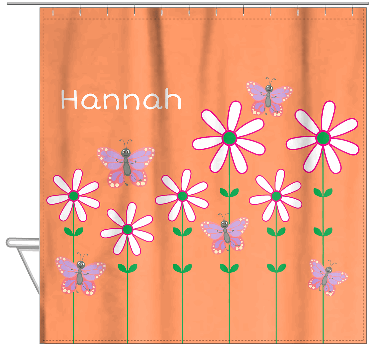 Personalized Butterfly Shower Curtain V - Orange Background - Pink Butterflies I - Hanging View