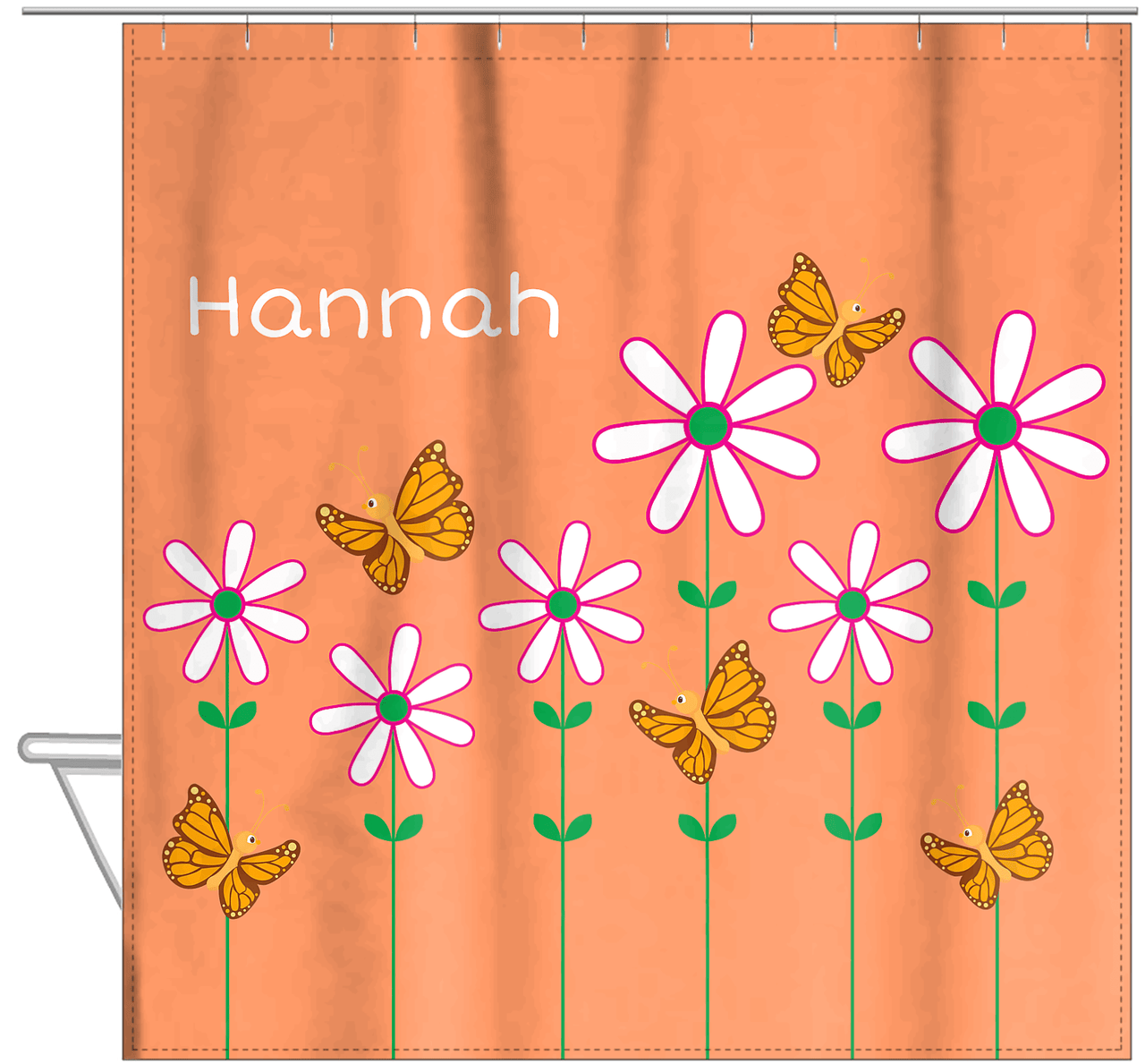 Personalized Butterfly Shower Curtain V - Orange Background - Orange Butterflies - Hanging View