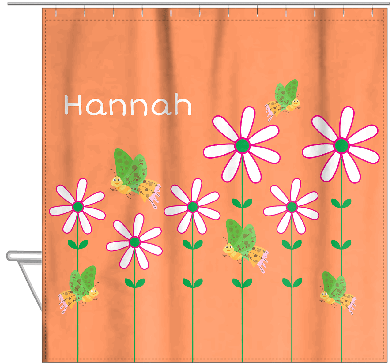 Personalized Butterfly Shower Curtain V - Orange Background - Green Butterflies I - Hanging View