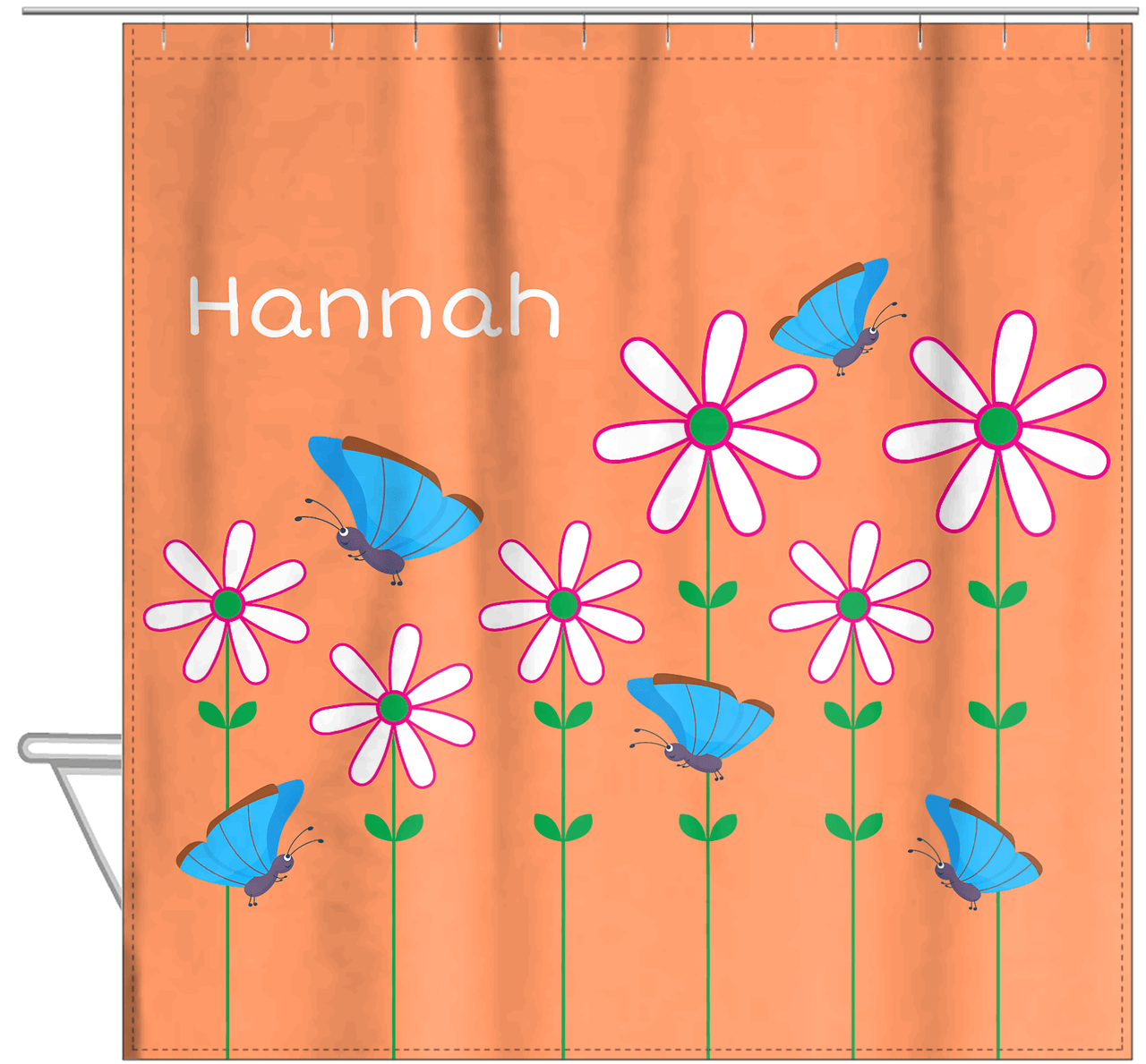 Personalized Butterfly Shower Curtain V - Orange Background - Blue Butterflies I - Hanging View