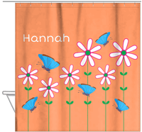 Thumbnail for Personalized Butterfly Shower Curtain V - Orange Background - Blue Butterflies I - Hanging View