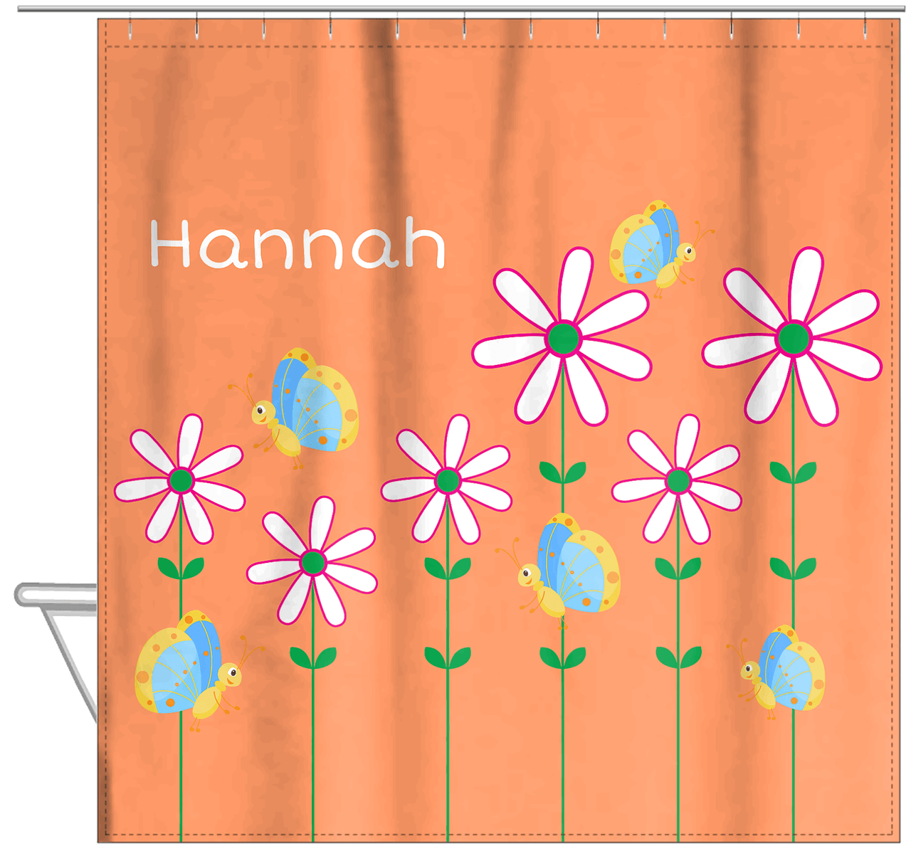 Personalized Butterfly Shower Curtain V - Orange Background - Blue Butterflies II - Hanging View