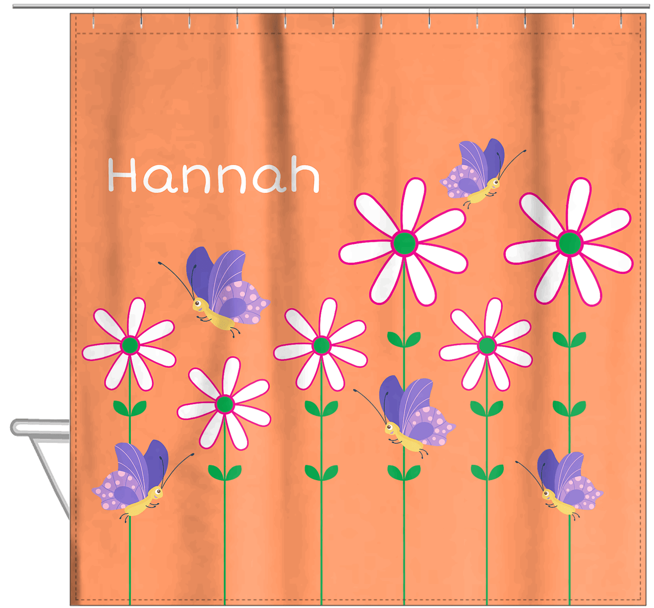 Personalized Butterfly Shower Curtain V - Orange Background - Purple Butterflies I - Hanging View