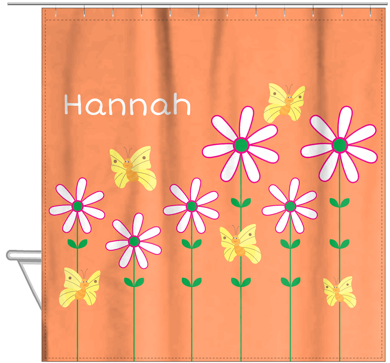 Personalized Butterfly Shower Curtain V - Orange Background - Yellow Butterflies I - Hanging View