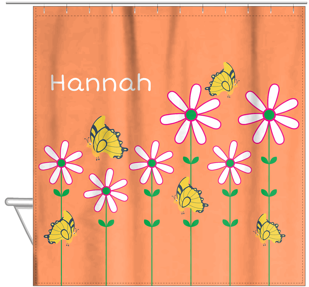 Personalized Butterfly Shower Curtain V - Orange Background - Yellow Butterflies II - Hanging View