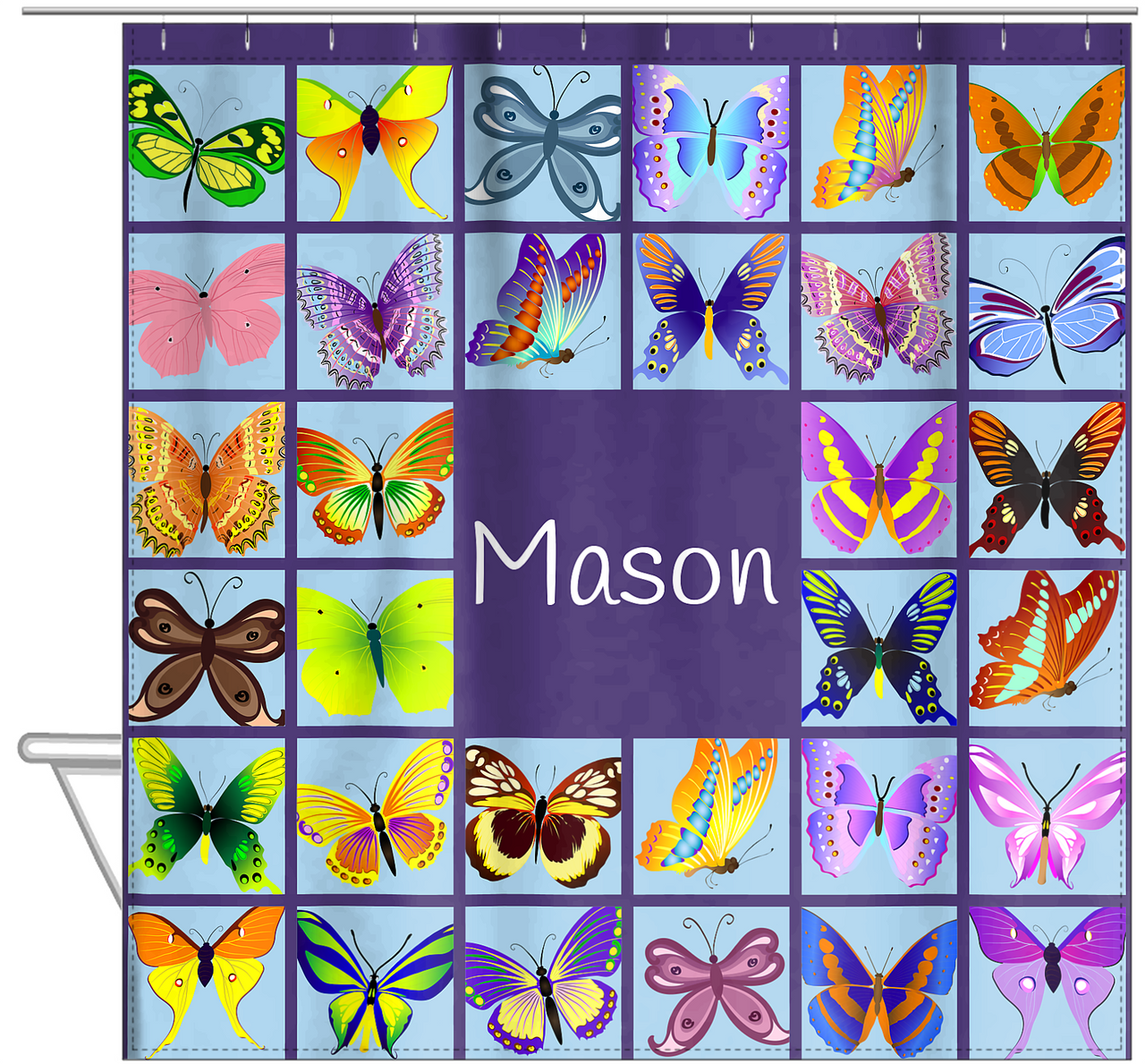 Personalized Butterfly Shower Curtain VII - Purple Background - Hanging View