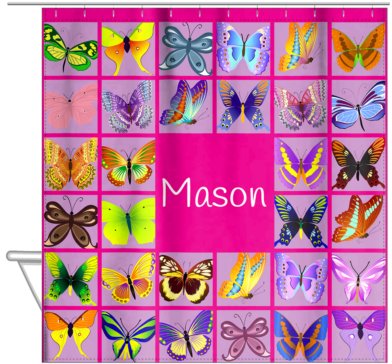 Personalized Butterfly Shower Curtain VII - Pink Background - Hanging View