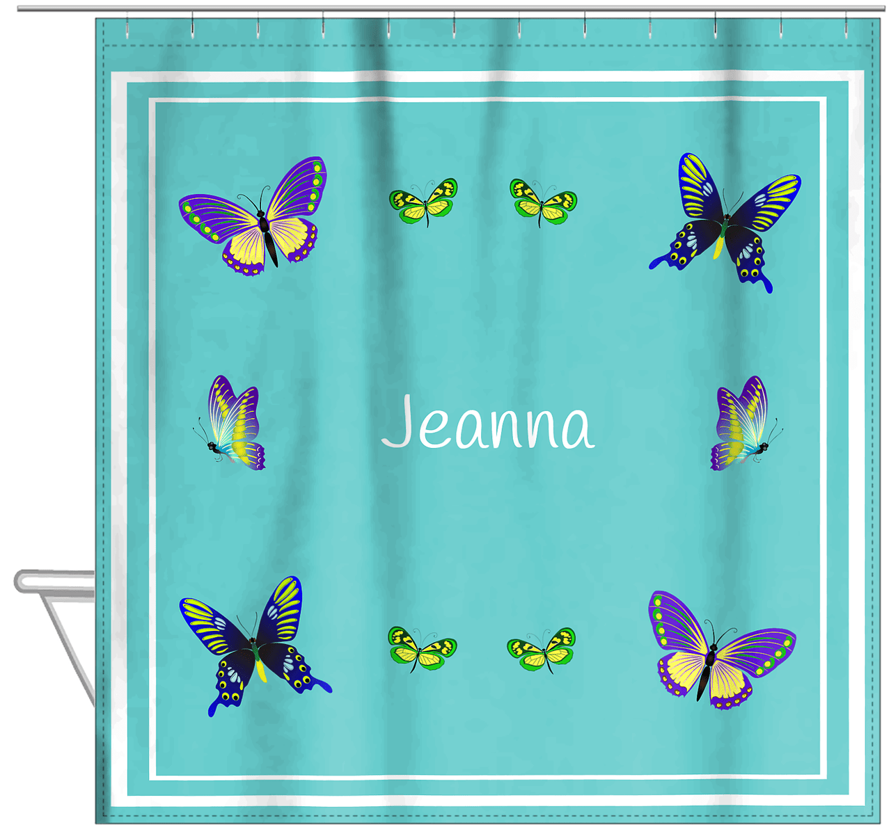 Personalized Butterfly Shower Curtain VIII - Teal Background - Butterflies II - Hanging View