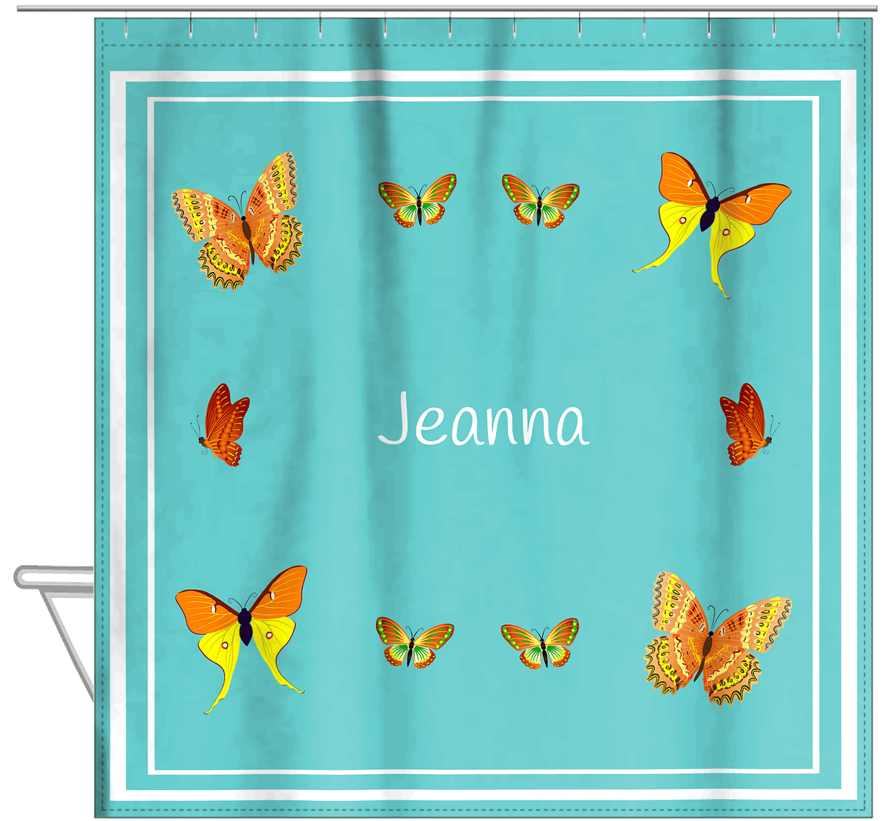 Personalized Butterfly Shower Curtain VIII - Teal Background - Butterflies III - Hanging View
