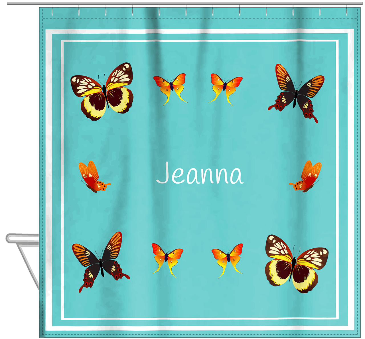 Personalized Butterfly Shower Curtain VIII - Teal Background - Butterflies V - Hanging View