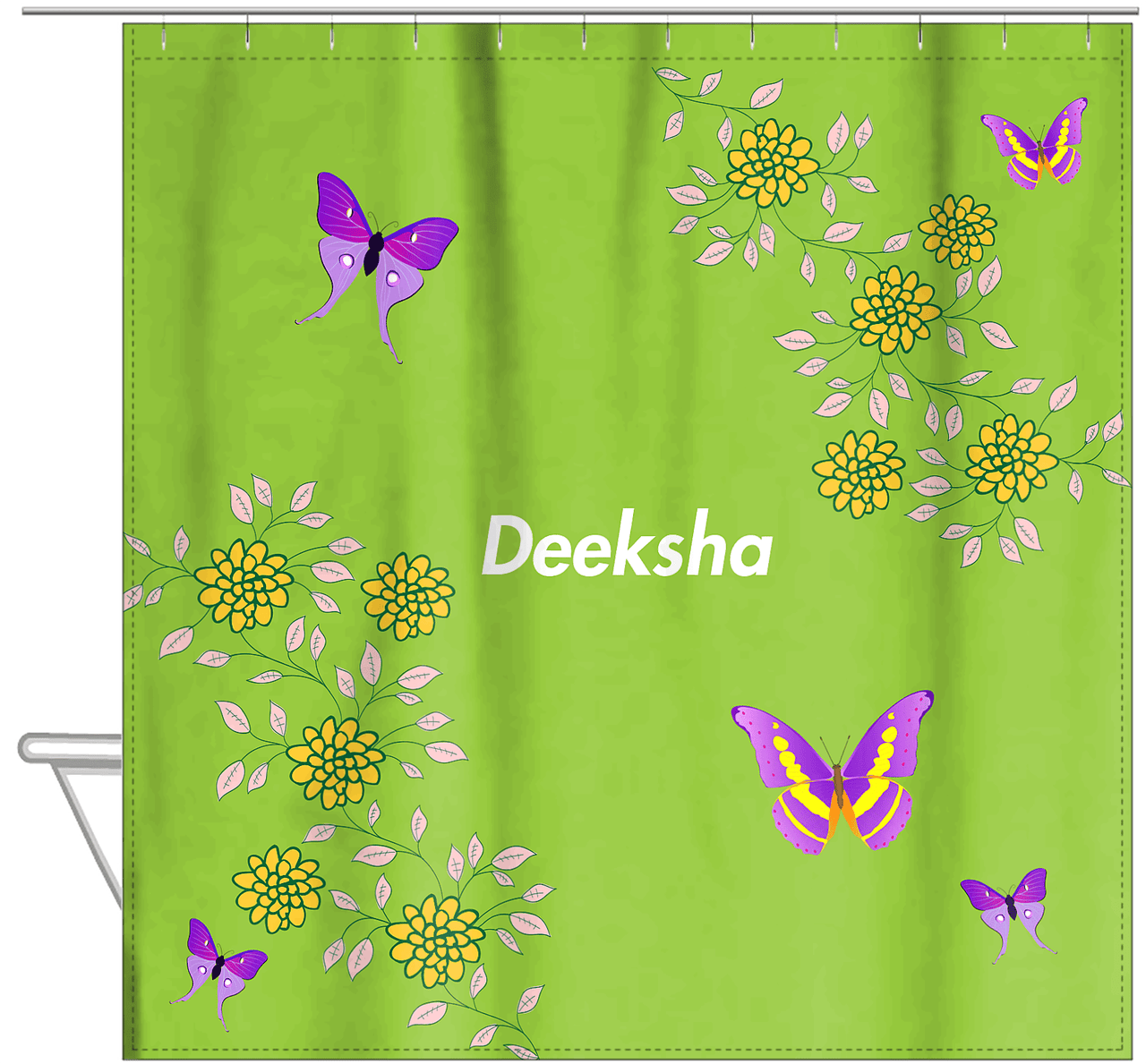 Personalized Butterfly Shower Curtain IX - Green Background - Purple Butterflies I - Hanging View