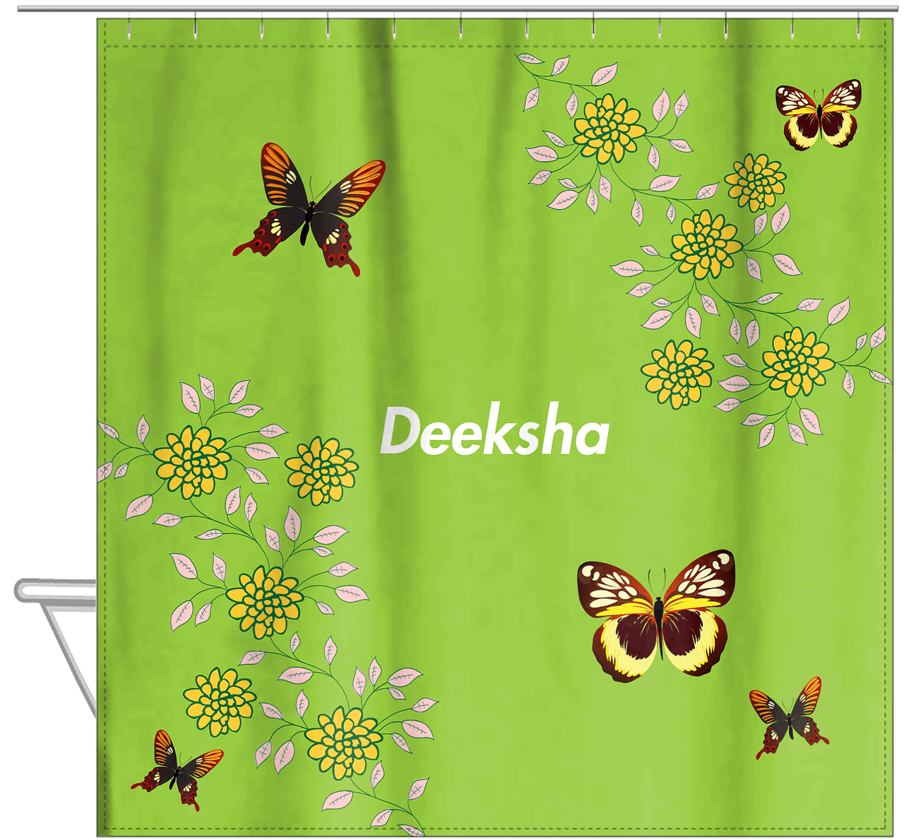 Personalized Butterfly Shower Curtain IX - Green Background - Brown Butterflies - Hanging View