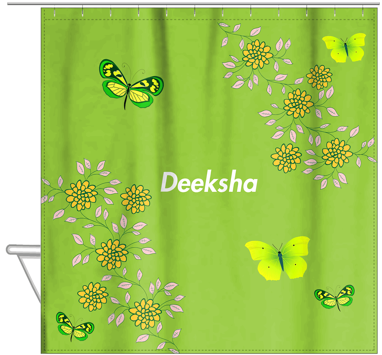 Personalized Butterfly Shower Curtain IX - Green Background - Green Butterflies I - Hanging View