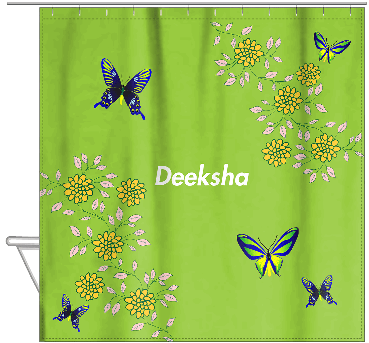 Personalized Butterfly Shower Curtain IX - Green Background - Blue Butterflies I - Hanging View