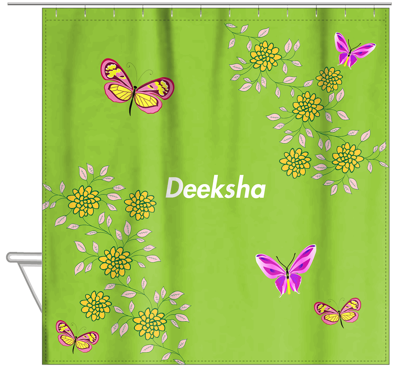 Personalized Butterfly Shower Curtain IX - Green Background - Pink Butterflies I - Hanging View