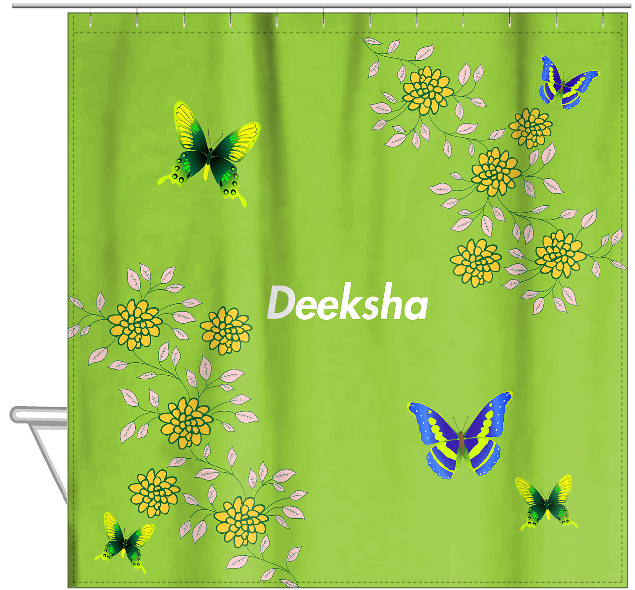 Personalized Butterfly Shower Curtain IX - Green Background - Green Butterflies II - Hanging View