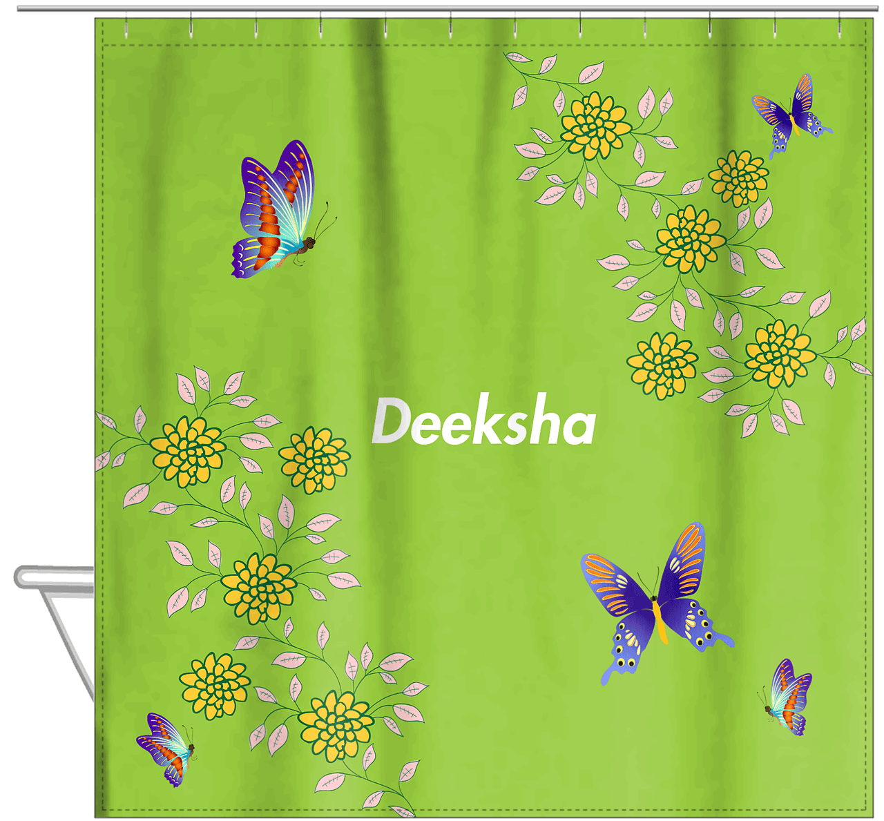 Personalized Butterfly Shower Curtain IX - Green Background - Purple Butterflies II - Hanging View