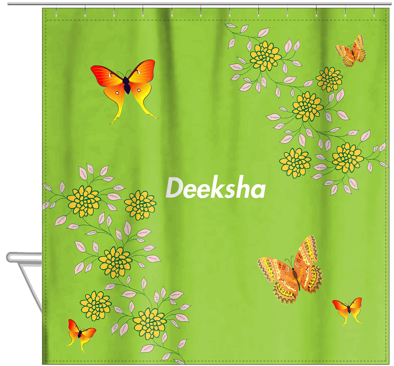 Personalized Butterfly Shower Curtain IX - Green Background - Orange Butterflies III - Hanging View