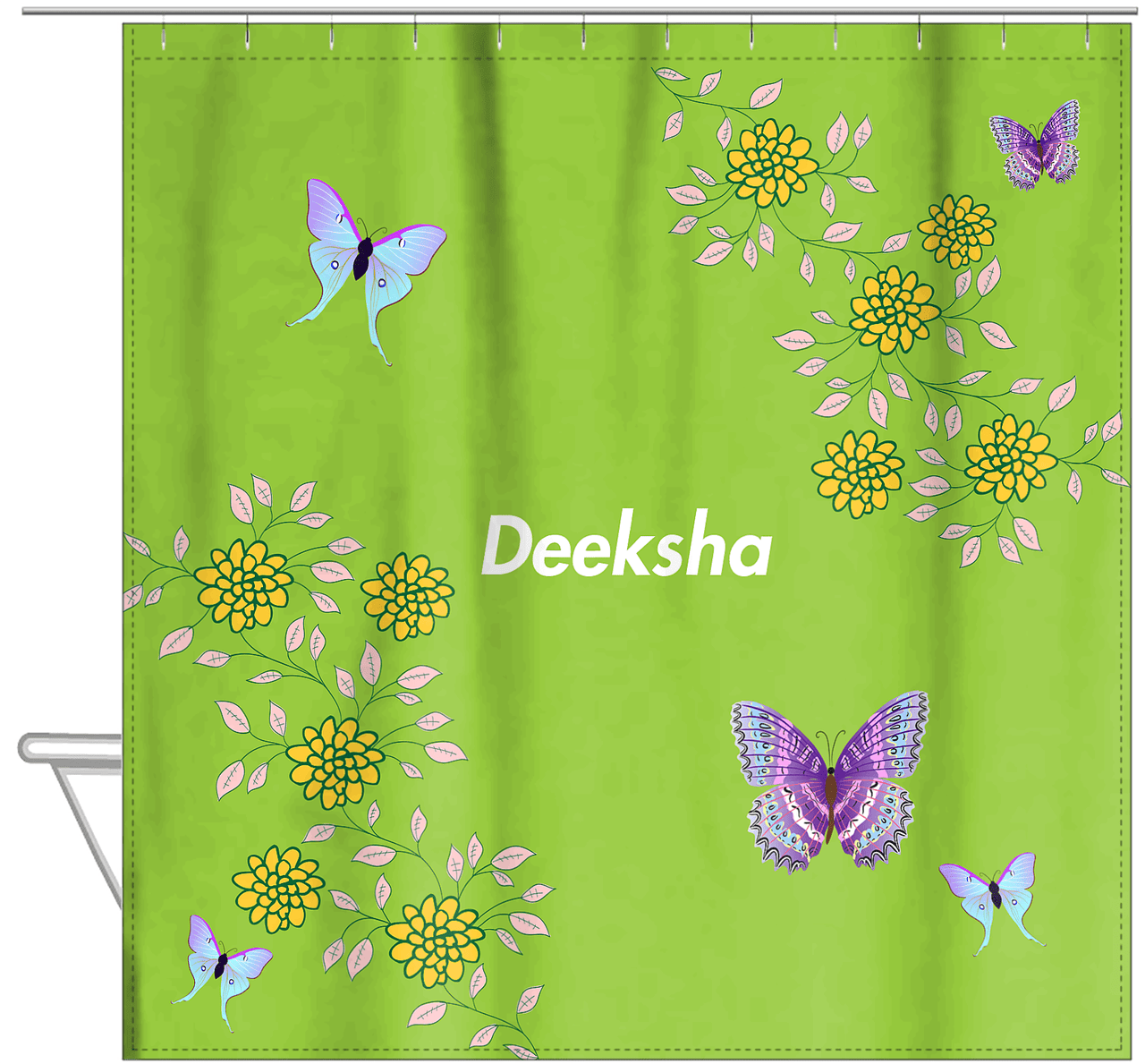 Personalized Butterfly Shower Curtain IX - Green Background - Purple Butterflies III - Hanging View