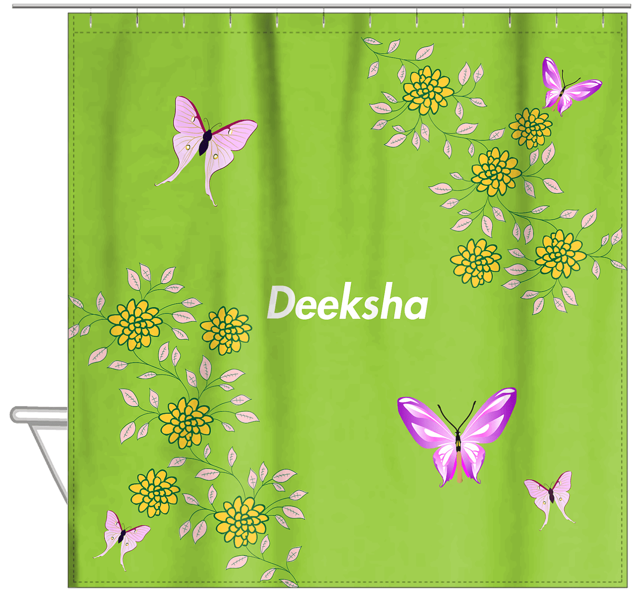 Personalized Butterfly Shower Curtain IX - Green Background - Pink Butterflies II - Hanging View