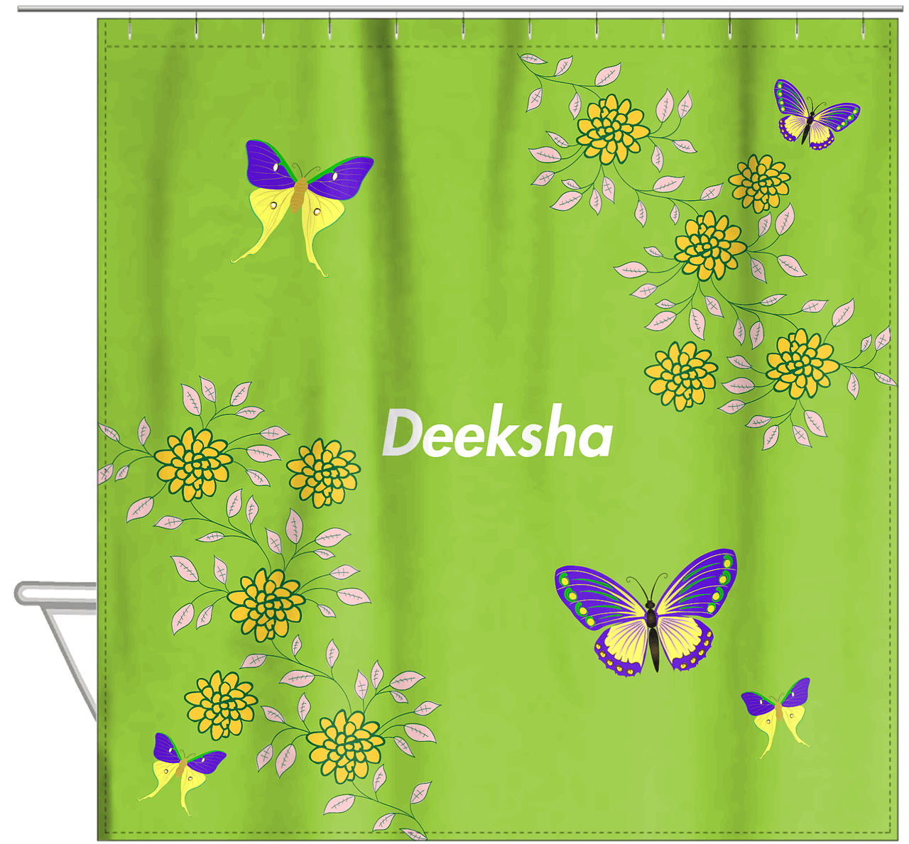 Personalized Butterfly Shower Curtain IX - Green Background - Purple Butterflies IV - Hanging View