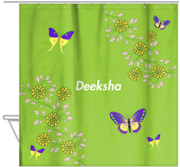 Thumbnail for Personalized Butterfly Shower Curtain IX - Green Background - Purple Butterflies IV - Hanging View