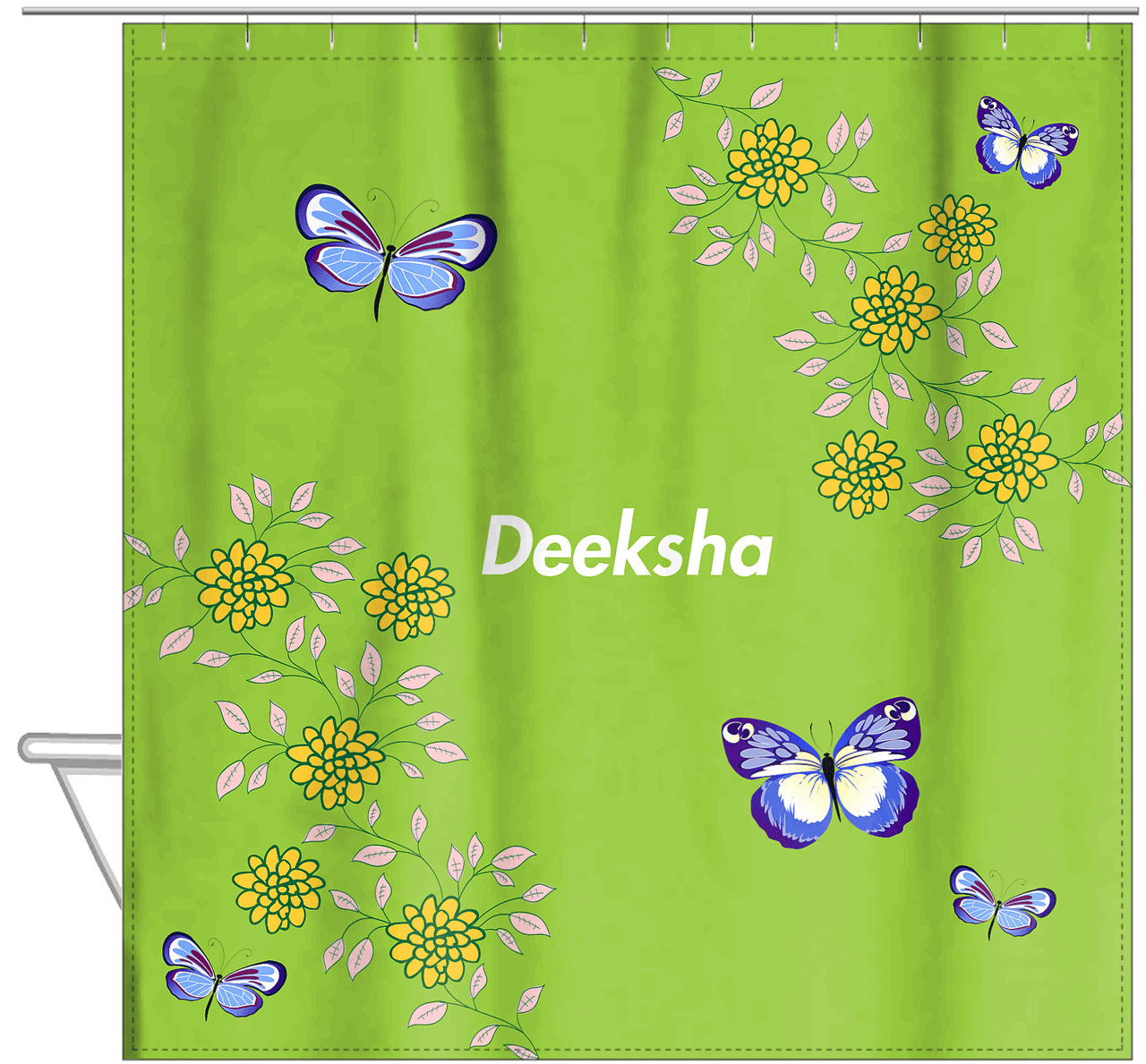 Personalized Butterfly Shower Curtain IX - Green Background - Blue Butterflies II - Hanging View