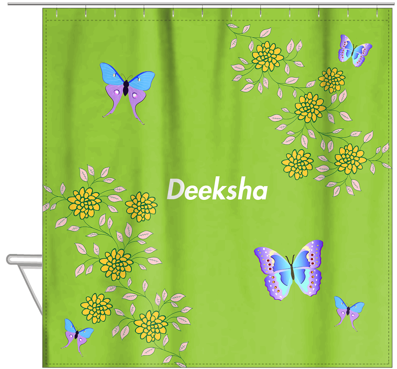 Personalized Butterfly Shower Curtain IX - Green Background - Blue Butterflies III - Hanging View