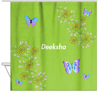 Thumbnail for Personalized Butterfly Shower Curtain IX - Green Background - Blue Butterflies III - Hanging View