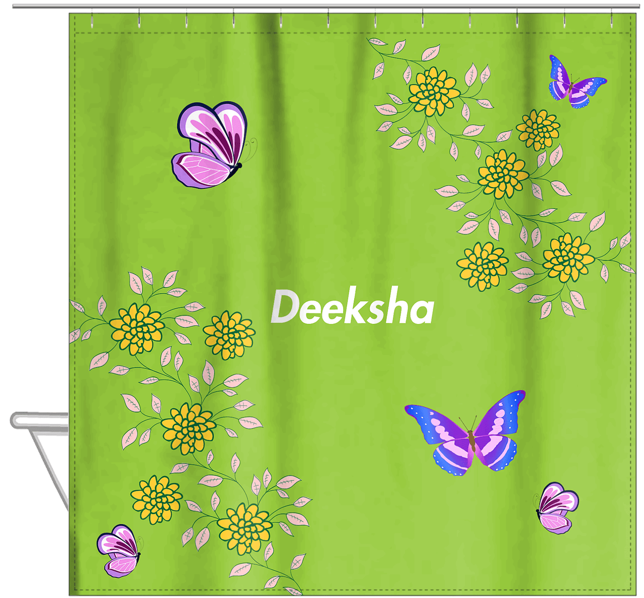 Personalized Butterfly Shower Curtain IX - Green Background - Purple Butterflies V - Hanging View