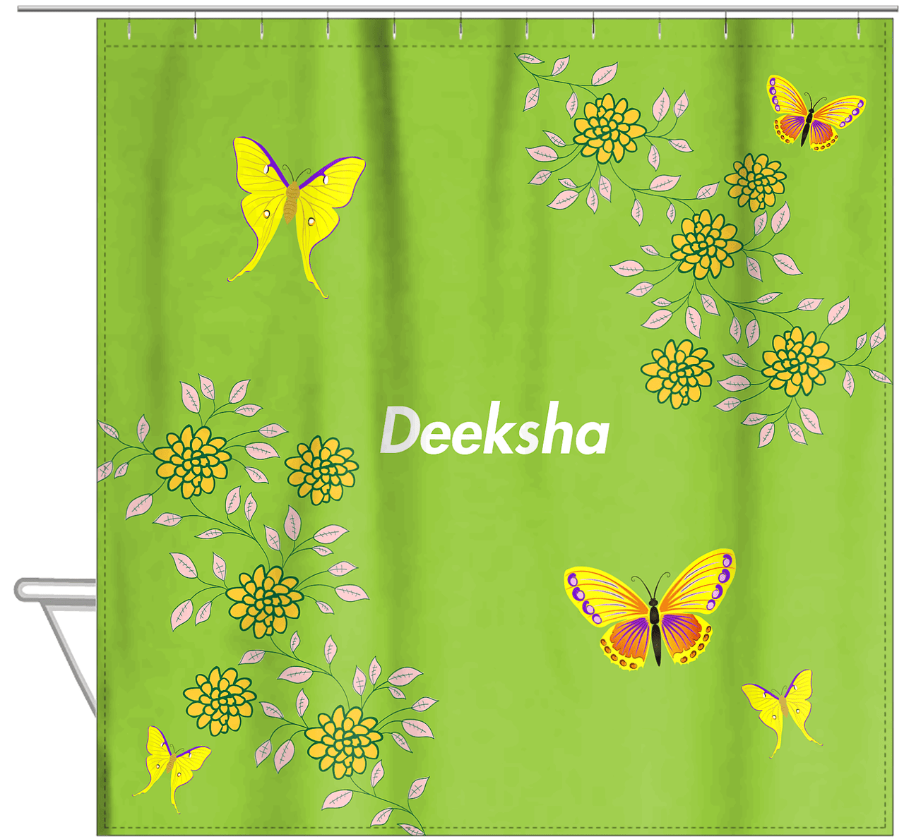 Personalized Butterfly Shower Curtain IX - Green Background - Yellow Butterflies - Hanging View