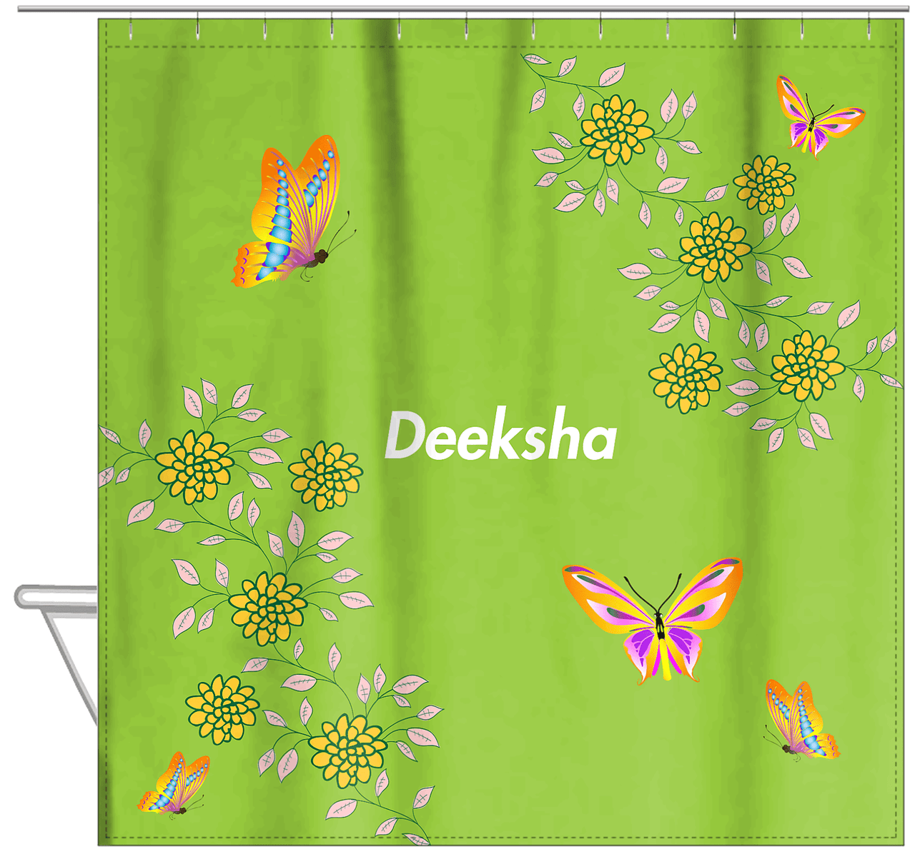 Personalized Butterfly Shower Curtain IX - Green Background - Orange Butterflies IV - Hanging View
