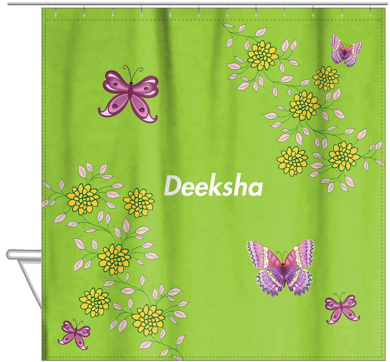 Personalized Butterfly Shower Curtain IX - Green Background - Purple Butterflies VI - Hanging View